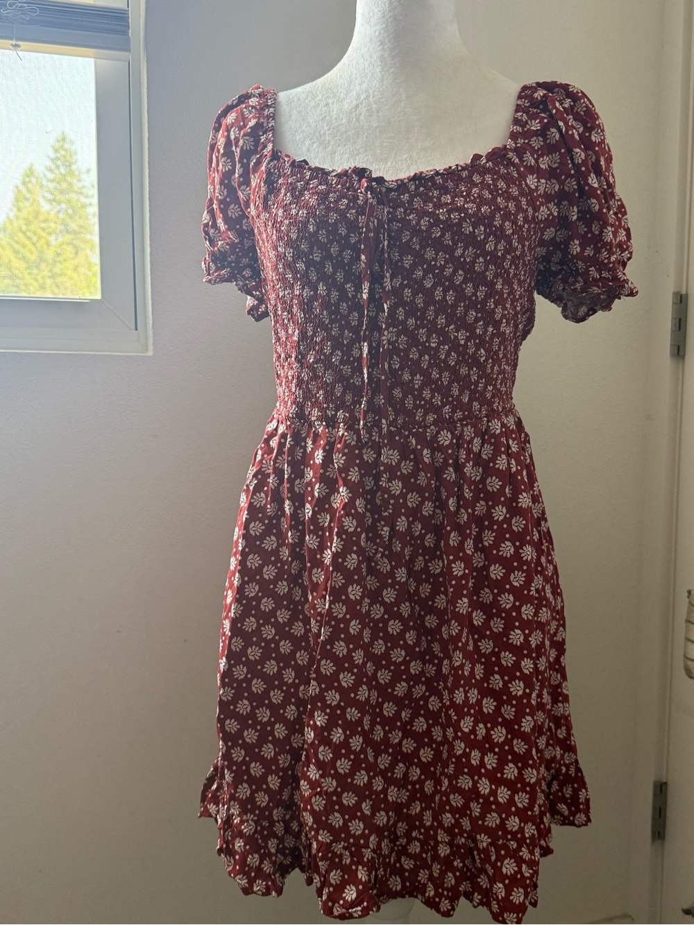 AUW Burgundy Floral Smocked Mini Dress